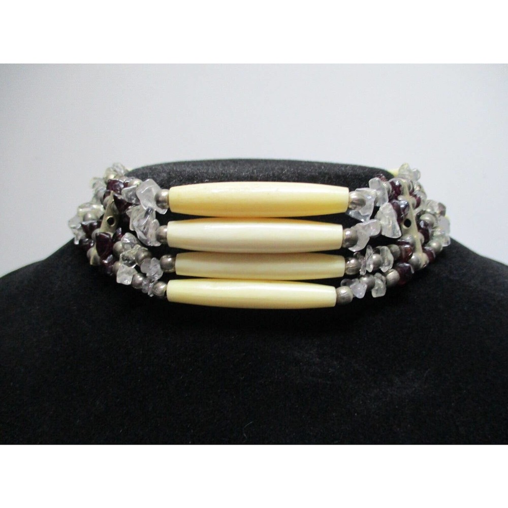 Vintage Handmade Buffalo Bone Tribal Inspired Choker Necklace with Crystals 11"